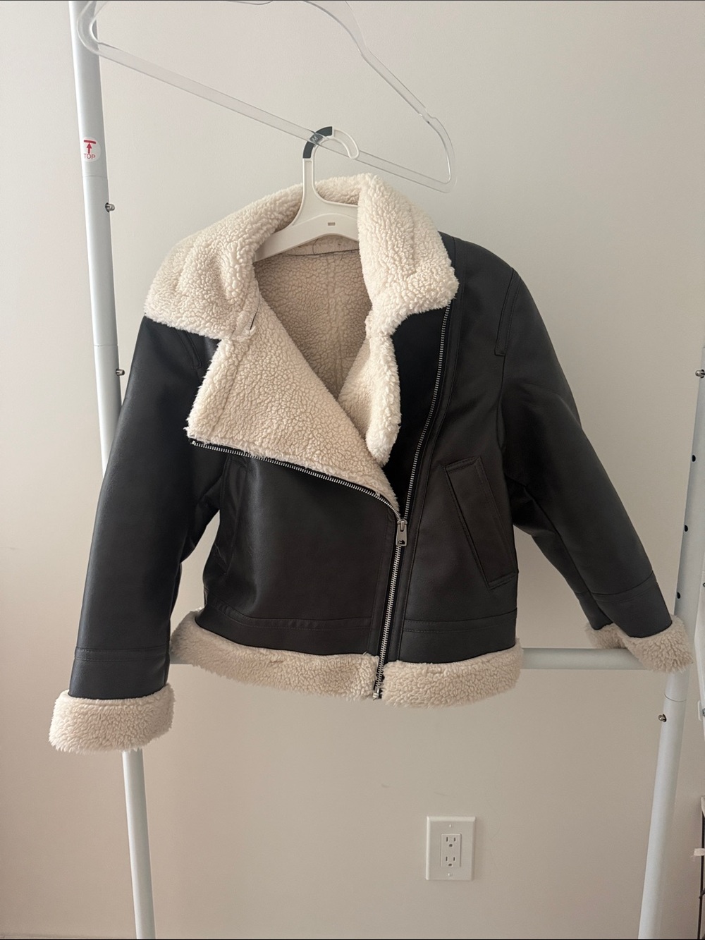 Classic Black Faux Leather Shearling Jacket with Cream Lining Zara kids